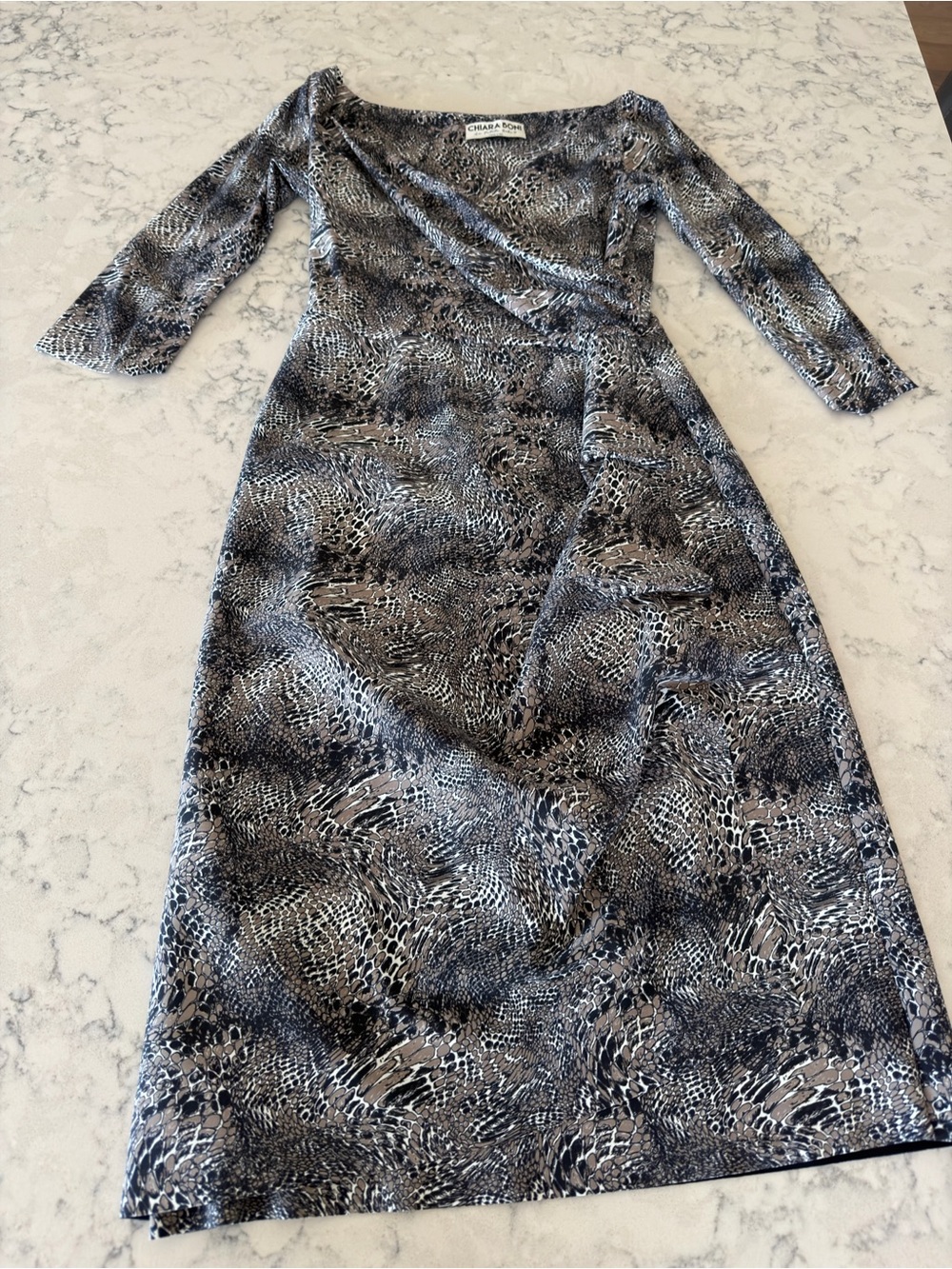 Chiara Boni Blue Gray Snake-Print Faux Wrap Midi Dress 3/4 sleeves.